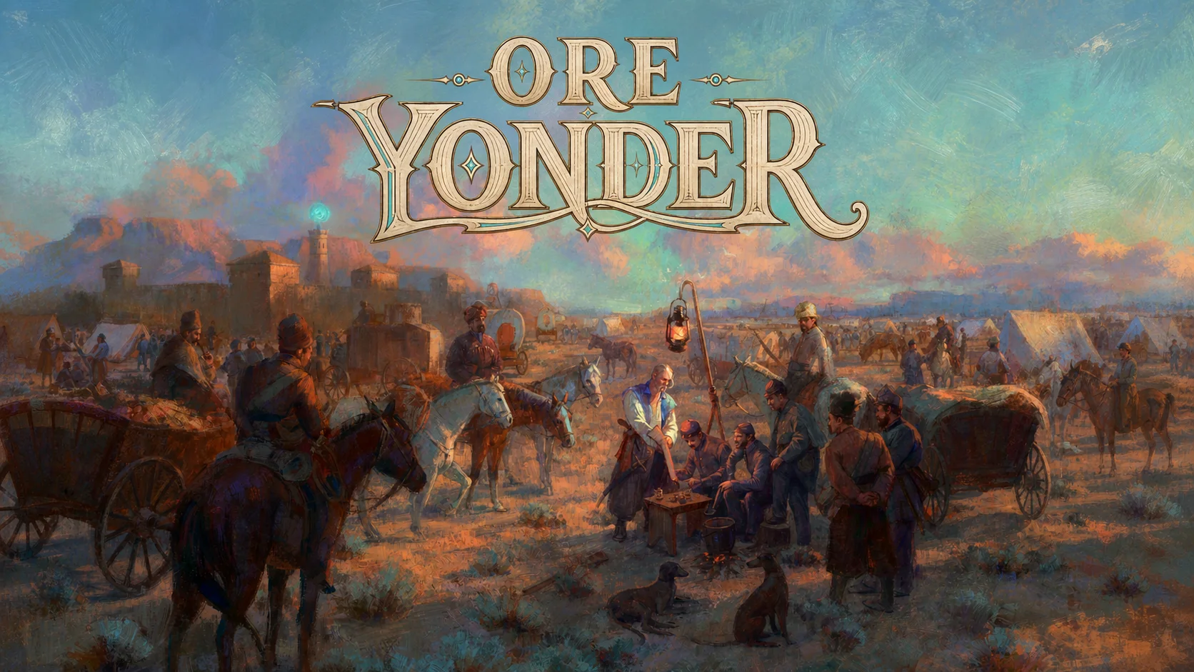 Ore Yonder key art: a wagon camp on the frontier at dusk